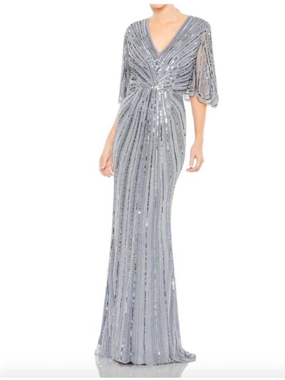 NWT MAC DUGGAL 93583 in slate blue size 12 cape draped sleeves